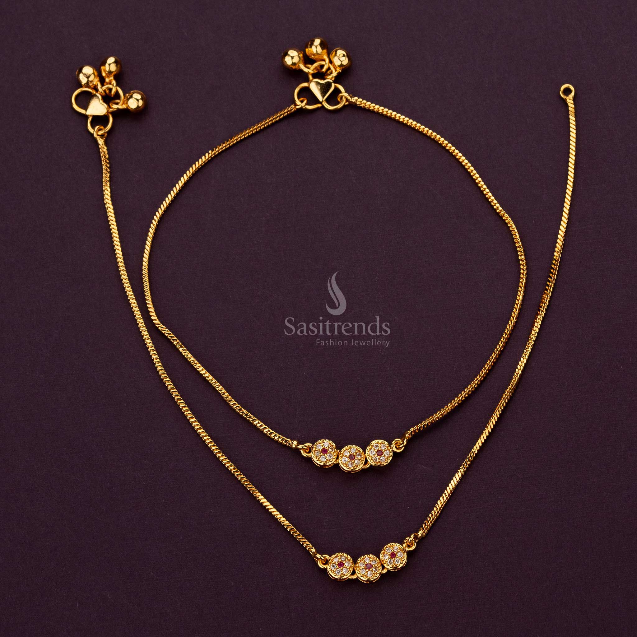 Traditional White and Ruby AD stone micro gold-plated anklets with a traditional 3-round pattern - Sasitrends