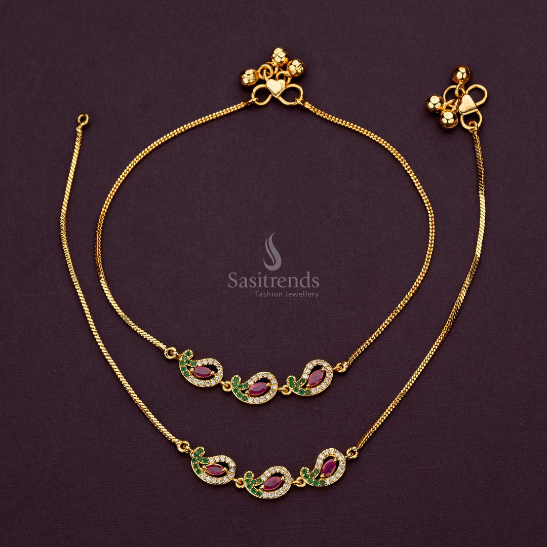 Multi AD Stone Studded Micro Gold-Plated Anklet with Paisley Design - Sasitrends