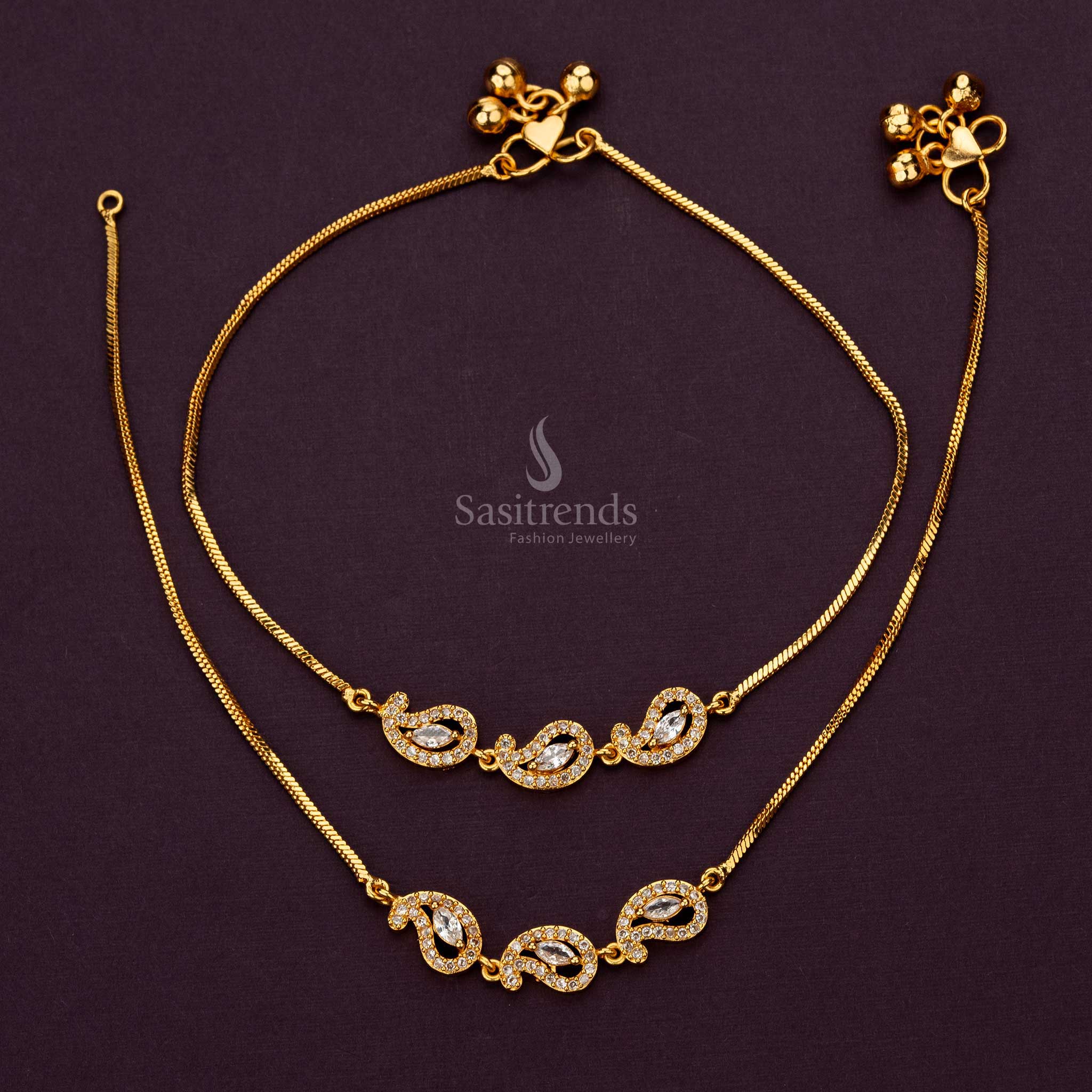 One Gram Micro Gold-Plated white AD Stone Anklets for Traditional and Casual Wear - Sasitrends