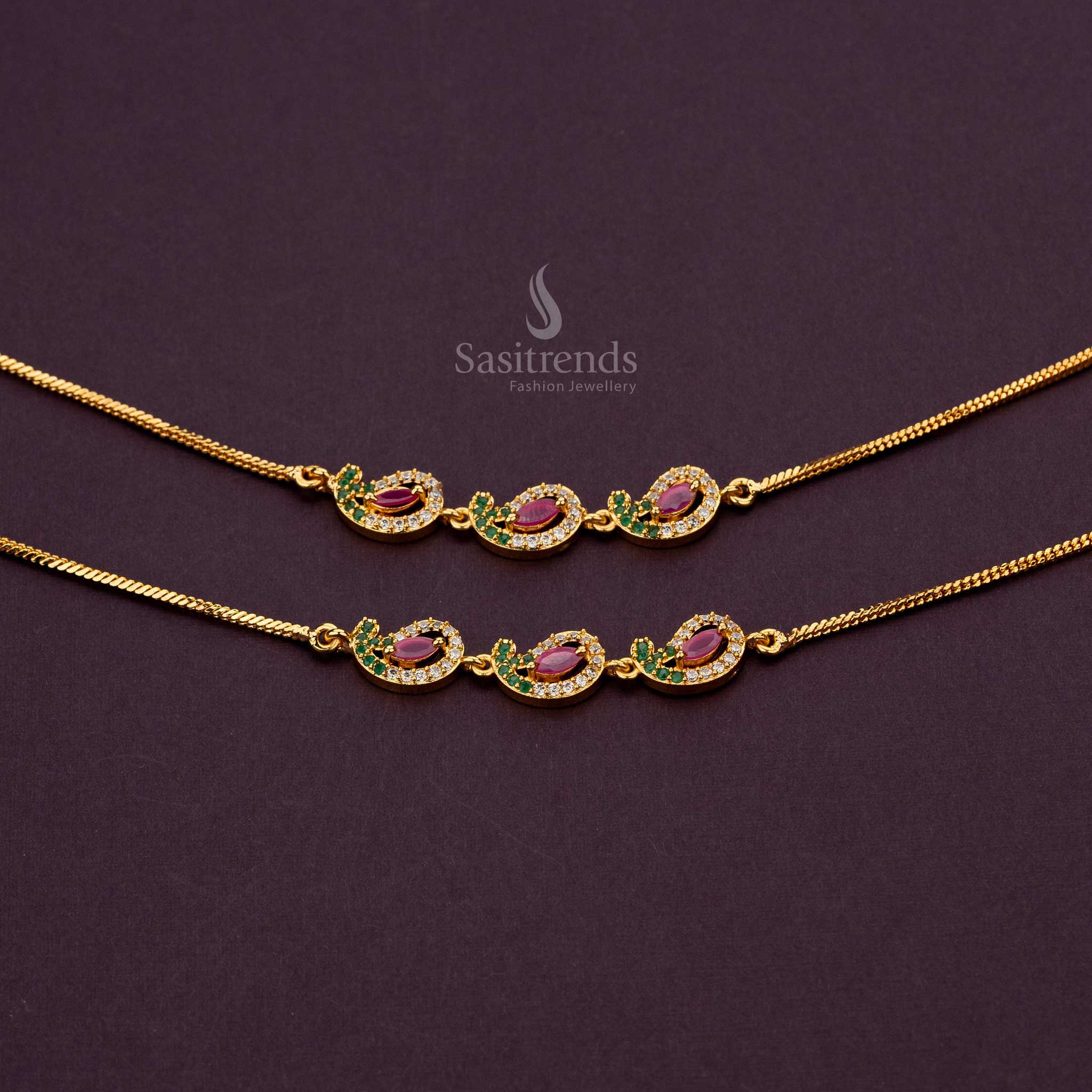 One Gram Micro Gold-Plated Multi AD Stone Anklets for Traditional and Casual Wear - Sasitrends