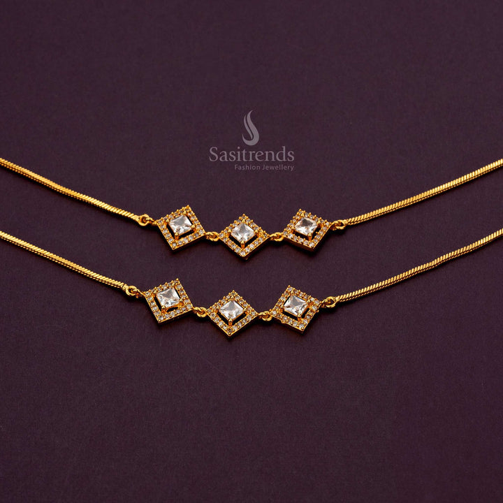 Elegant White AD stone studded micro gold plated anklets on display - Sasitrends