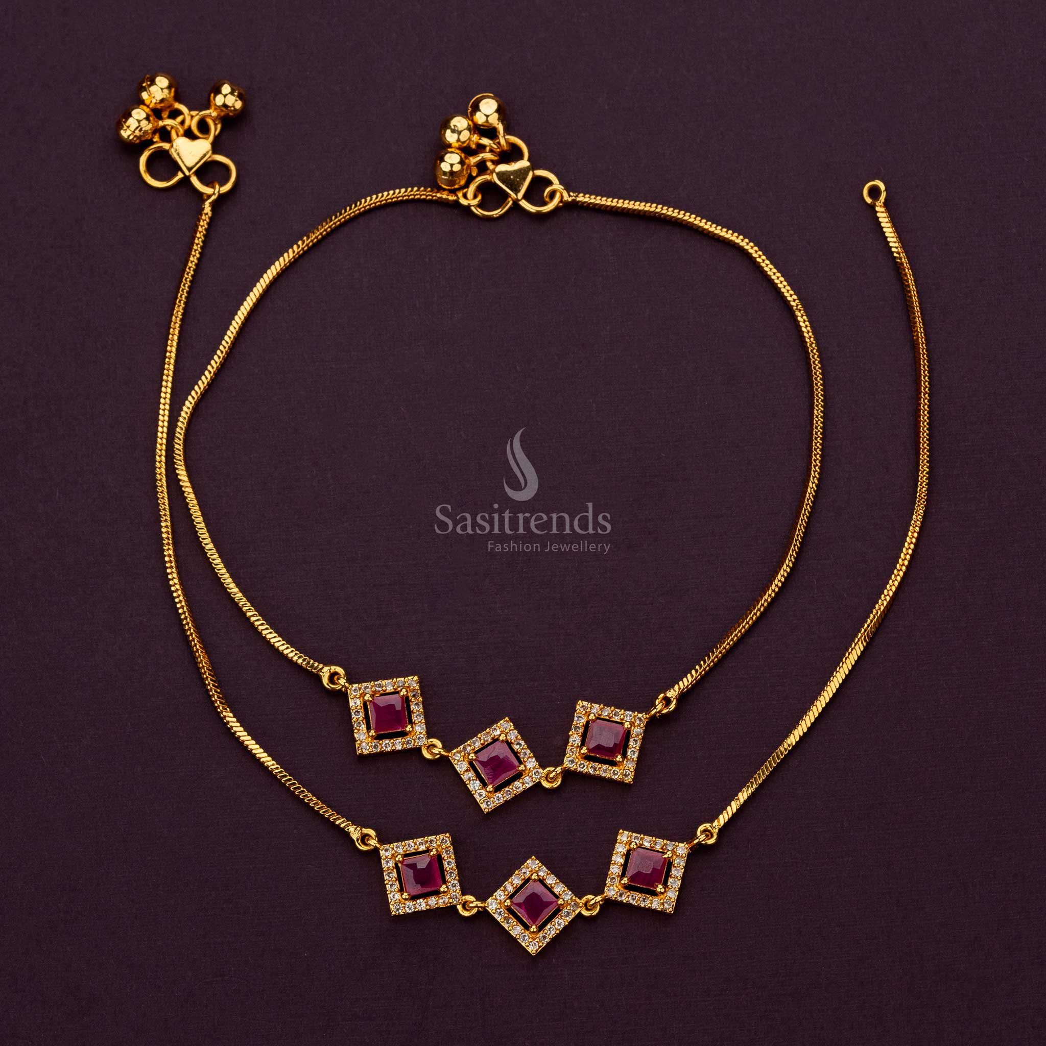 White Ruby AD stone studded Micro Gold Plated anklets styled with traditional attire - Sasitrends