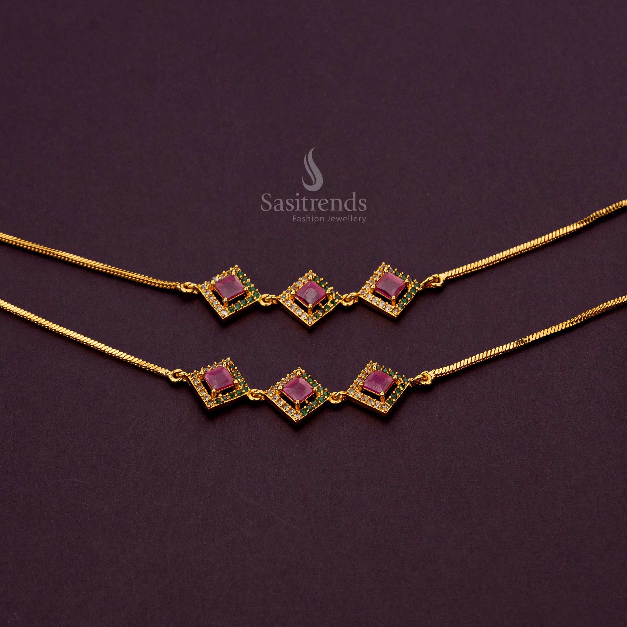 Close-up of the unique Multi AD square design of the micro gold plated anklets - Sasitrends