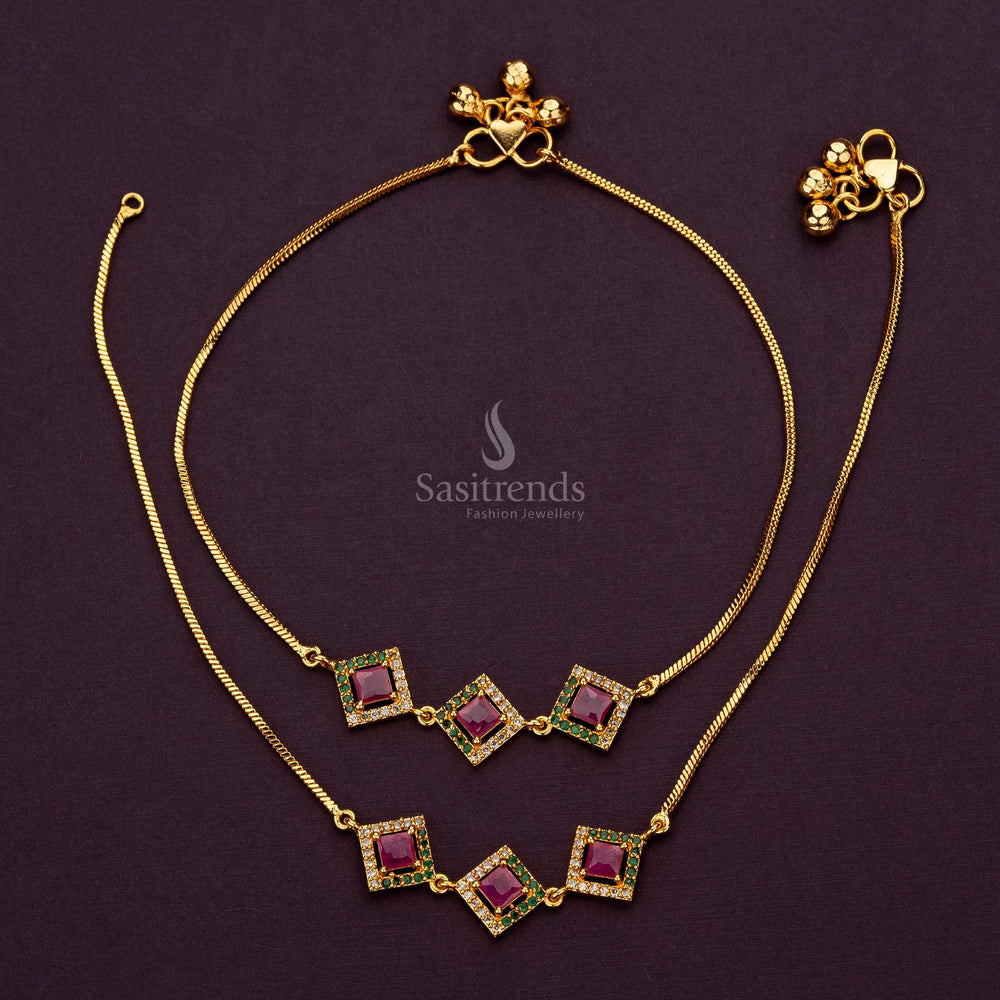 Elegant White, Ruby, Green AD stone studded micro gold plated anklets on display - Sasitrends