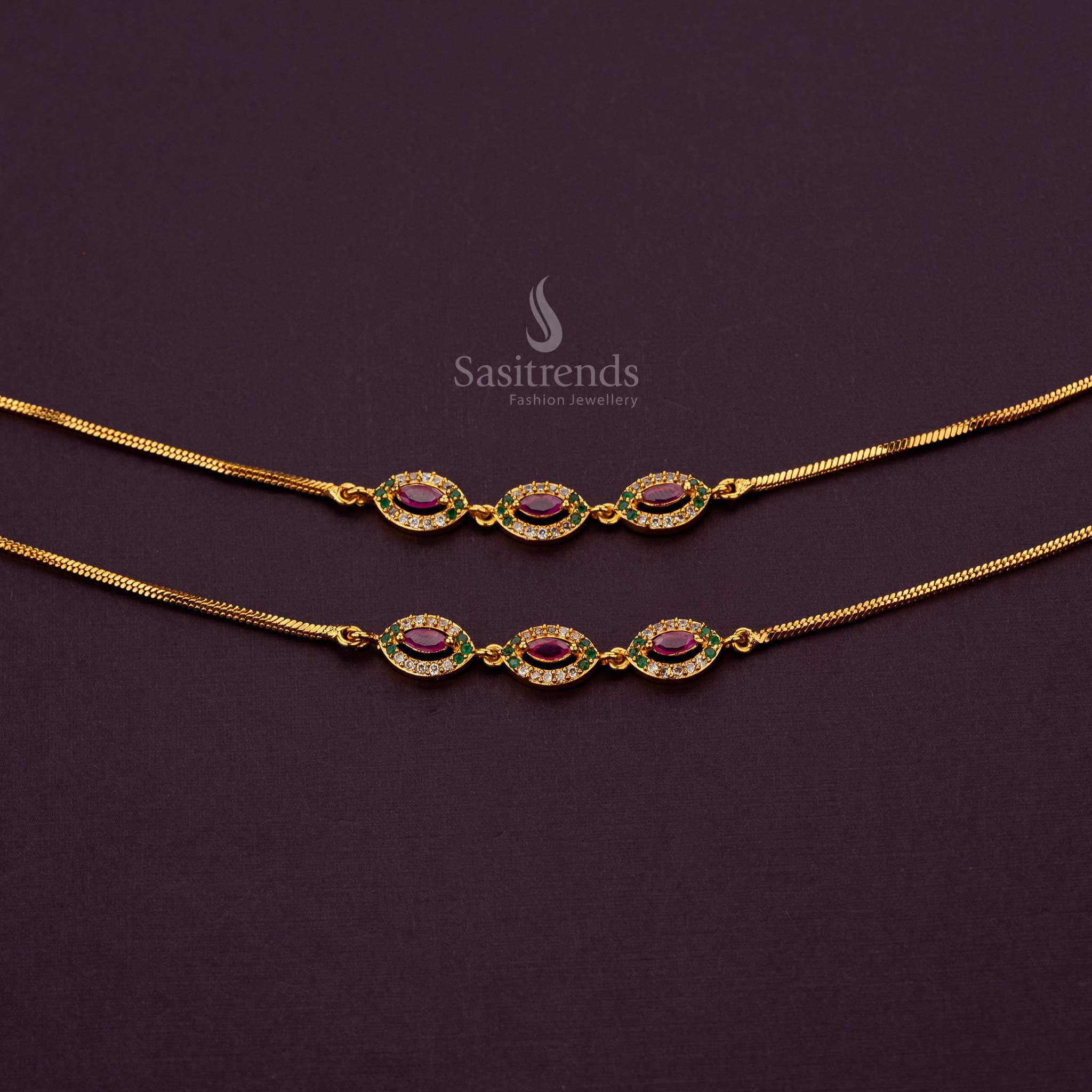 White, Ruby, Green AD Stone Studded Micro Gold Plated Anklets with 24-carat gold finish - Sasitrends