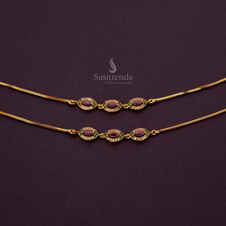 White, Ruby, Green AD Stone Studded Micro Gold Plated Anklets with 24-carat gold finish - Sasitrends