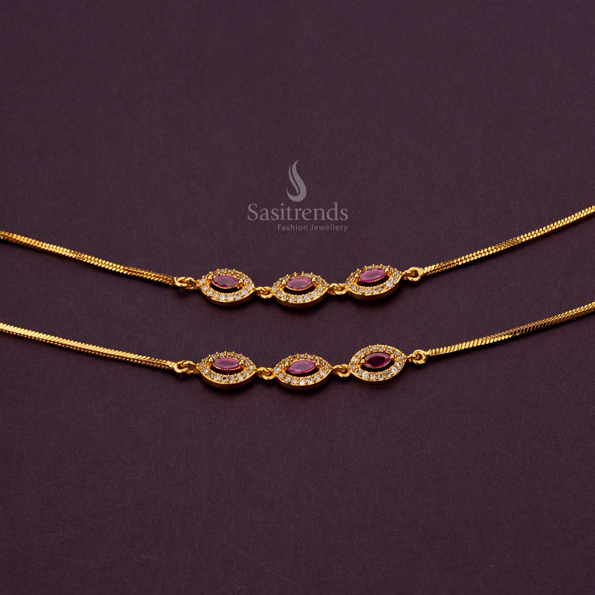 Trendy oval design of the Micro Gold Plated White and Ruby AD stone Anklets - Sasitrends