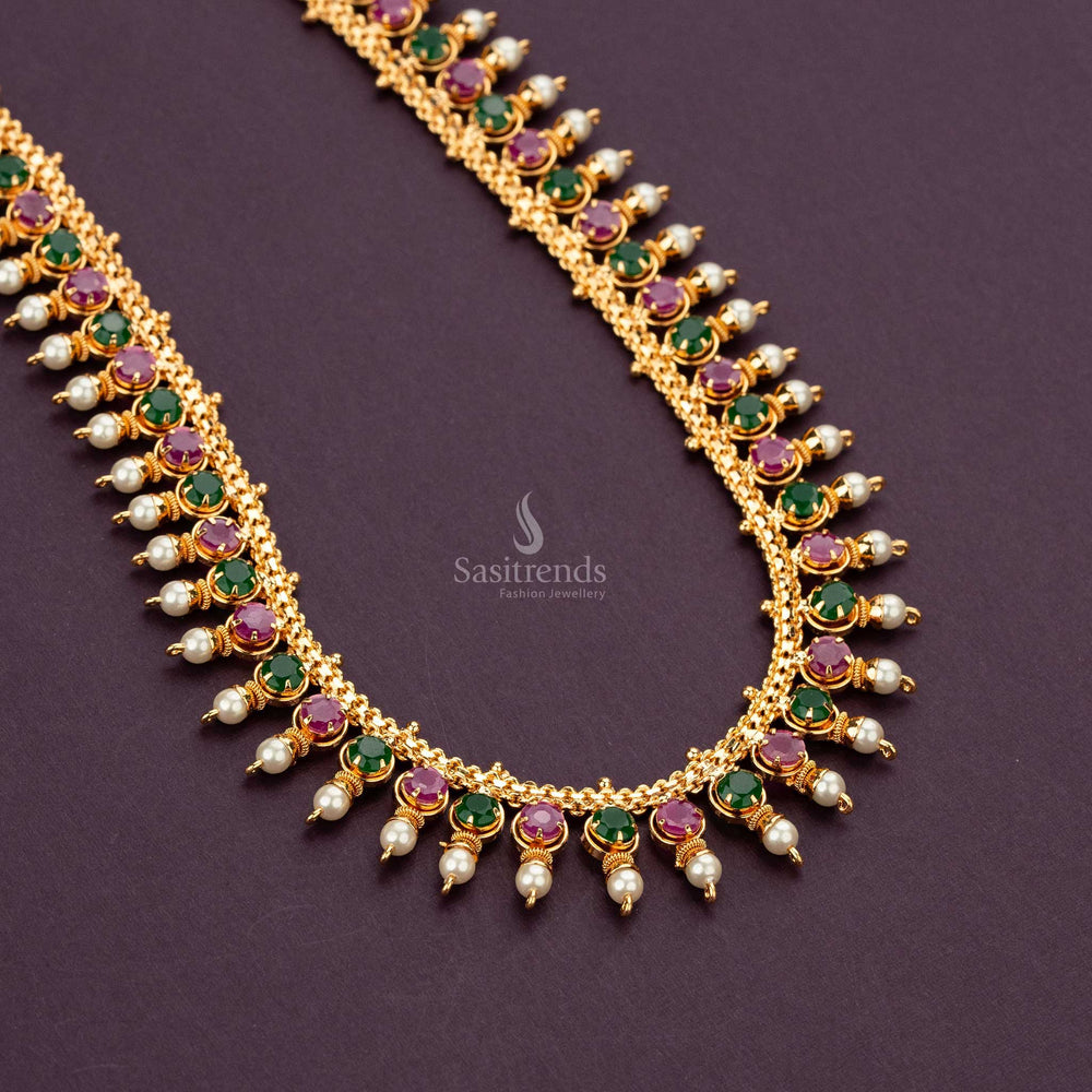 Micro Gold Plated Pearl Necklace with intricate AD stone detailing sasitrends