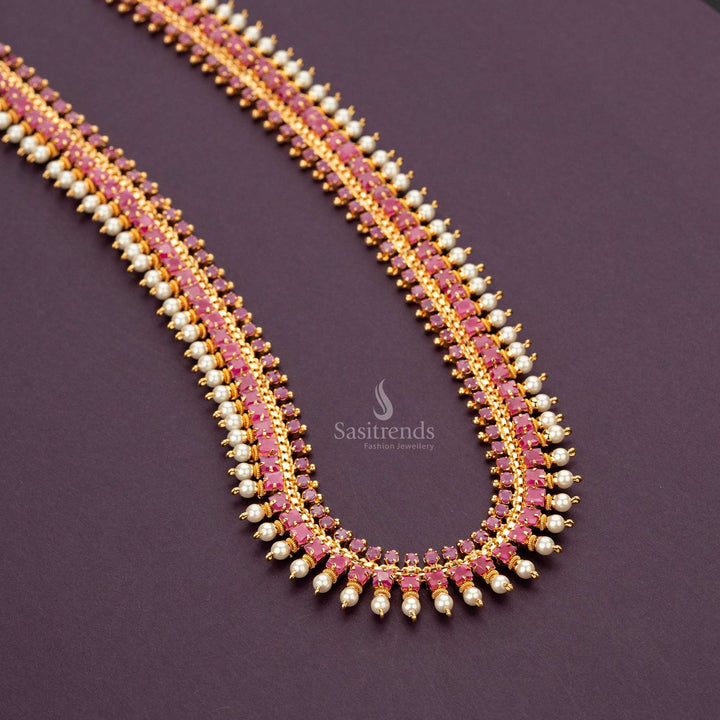 Micro Gold Plated Square & Round AD Stone Pearl Necklace | Sasitrends