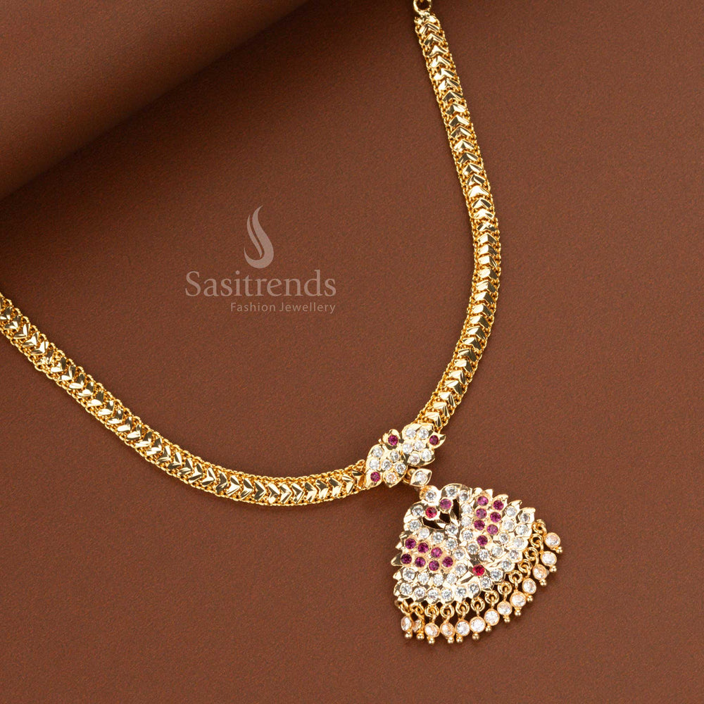 Micro gold plated necklace featuring a white and ruby AD stone duck motif with gold beads - Sasitrends