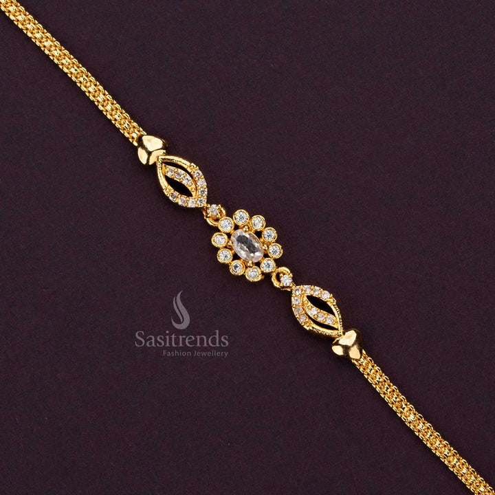 Premium brass bracelet with symmetrical floral and oval patterns, AD stone studded elegance - Sasitrends