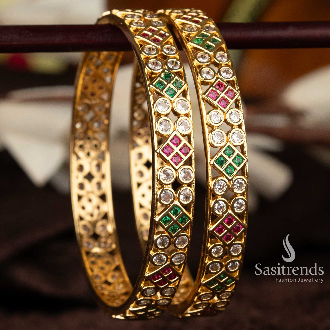 Micro gold-plated American diamond bangle with ruby and emerald accents - Sasitrends