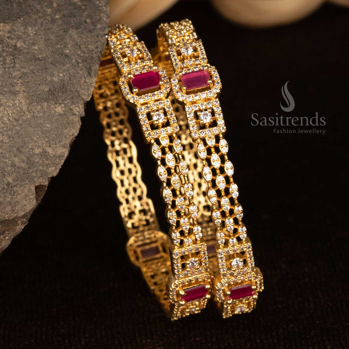 24-carat pure gold plated American Diamond bangles with intricate center stonework, look like real gold - Sasitrends