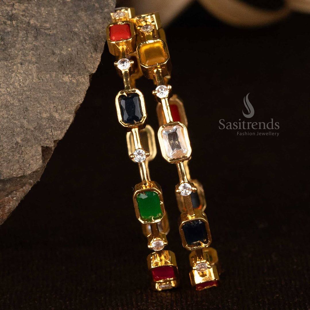 American Diamond micro gold plated Navaratna bangles with round and rectangular stones, look like real gold - Sasitrends