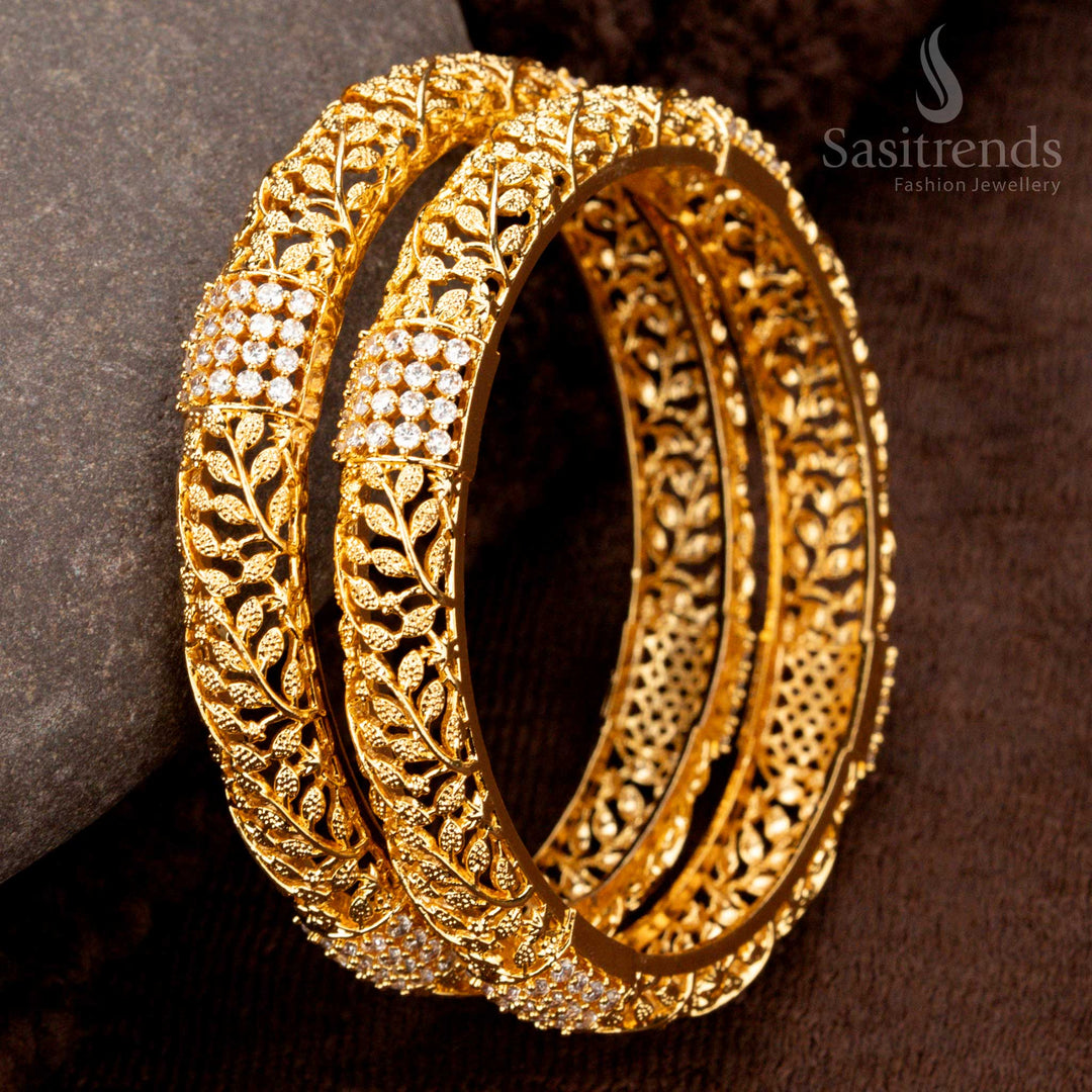 Micro gold plated American Diamond bangles with intricate leaf pattern and cutwork, look like real gold - Sasitrends