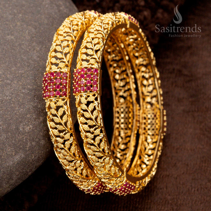 24-carat pure gold plated bangles with leaf cutwork and AD stone embellishments, look like real gold - Sasitrends