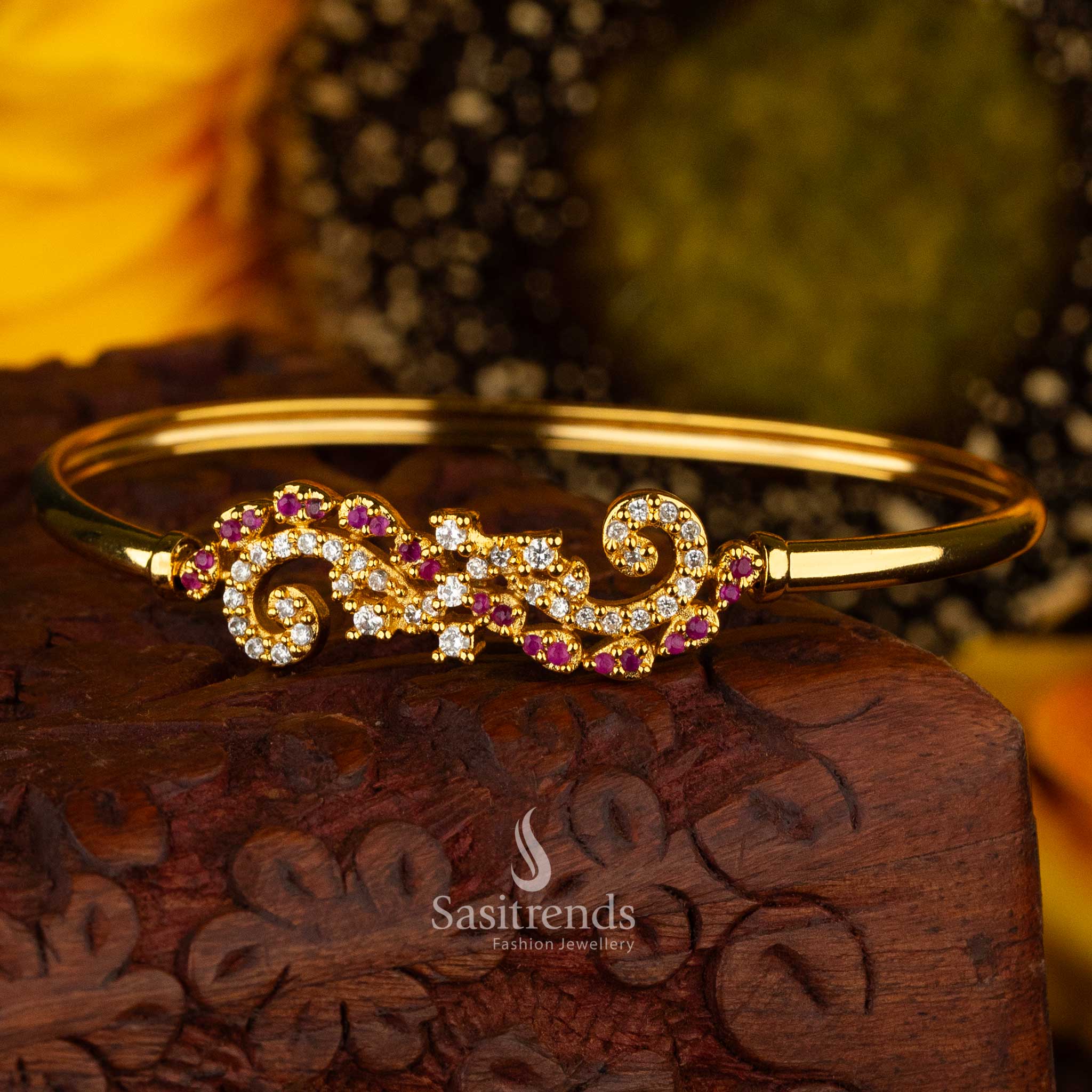 Classic twirl design micro gold-plated kada bracelet with White ruby American Diamonds - Sasitrends