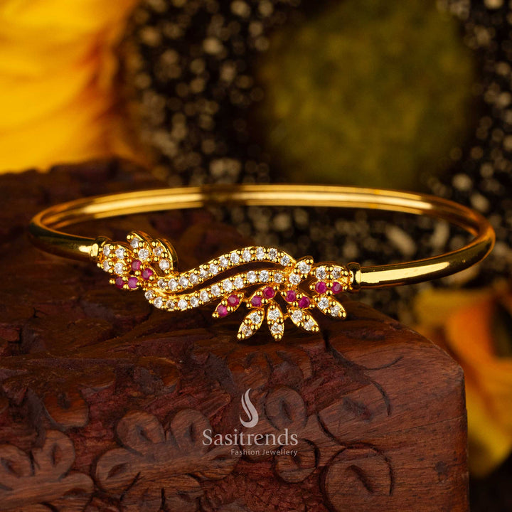 Elegant openable bracelet with floral white ruby American Diamond design and micro gold plating - Sasitrends