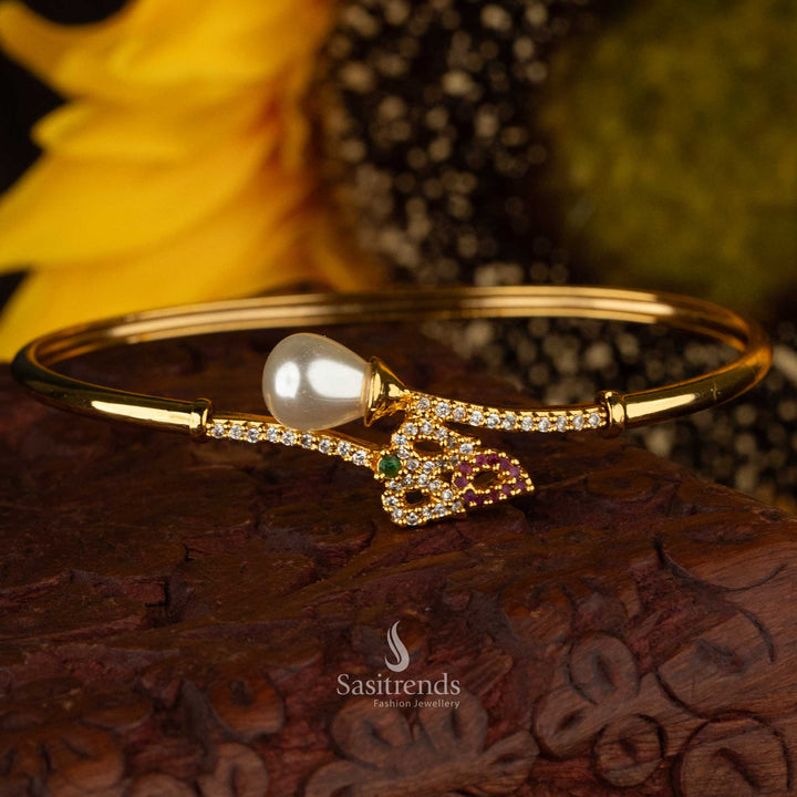 Openable kada bracelet with pearl accent, micro gold-plated and multi American Diamond-studded - Sasitrends