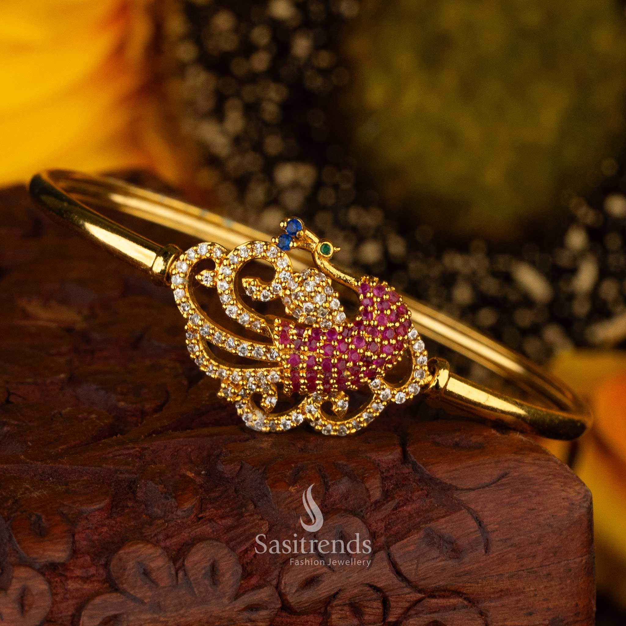 Peacock design openable kada bracelet with multi American Diamonds, micro gold-plated - Sasitrends