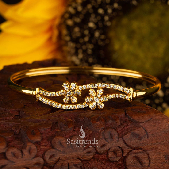 Elegant openable bracelet with floral white American Diamond design and micro gold plating - Sasitrends