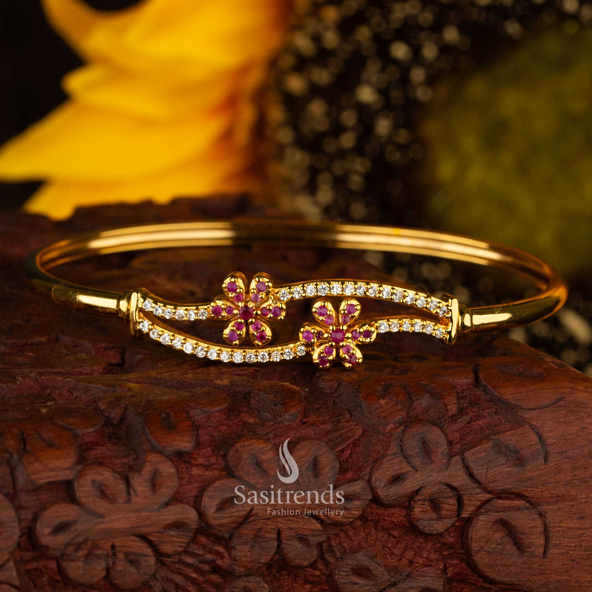 Floral pattern white ruby American Diamond micro gold-plated openable kada bracelet - Sasitrends