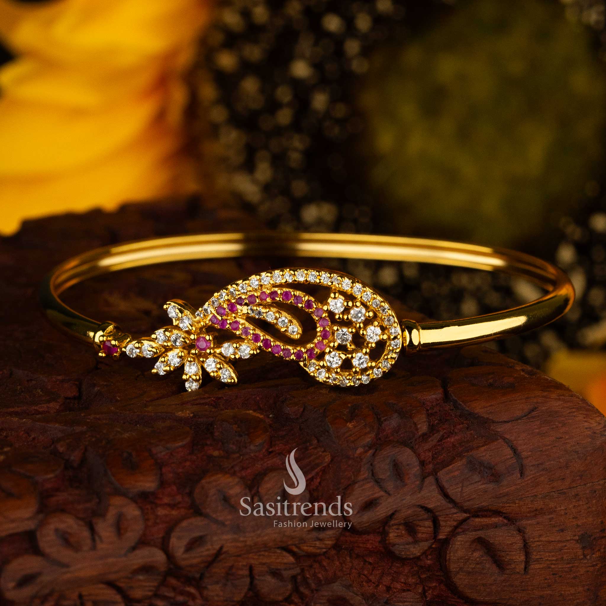 white ruby color stone micro gold-plated kada bracelet with American Diamonds - Sasitrends