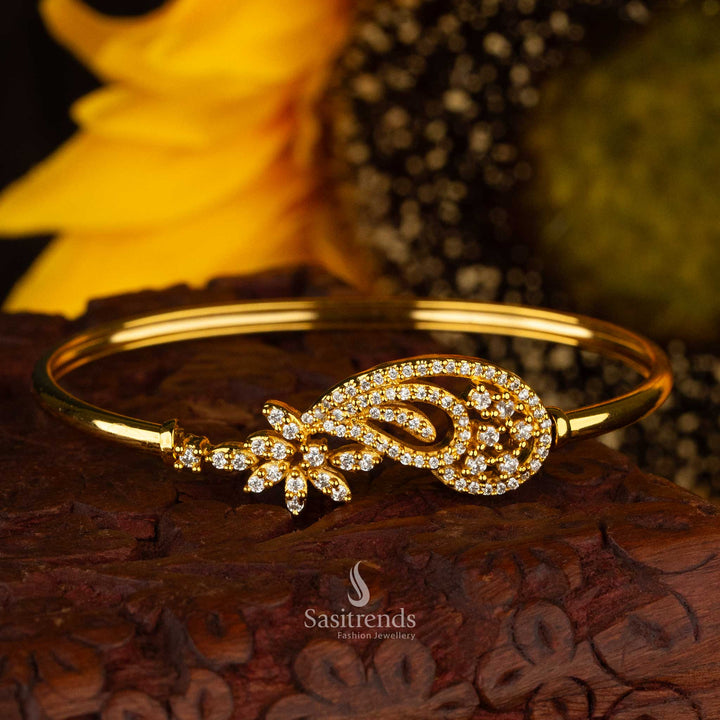 Floral pattern white American Diamond micro gold-plated openable kada bracelet - Sasitrends