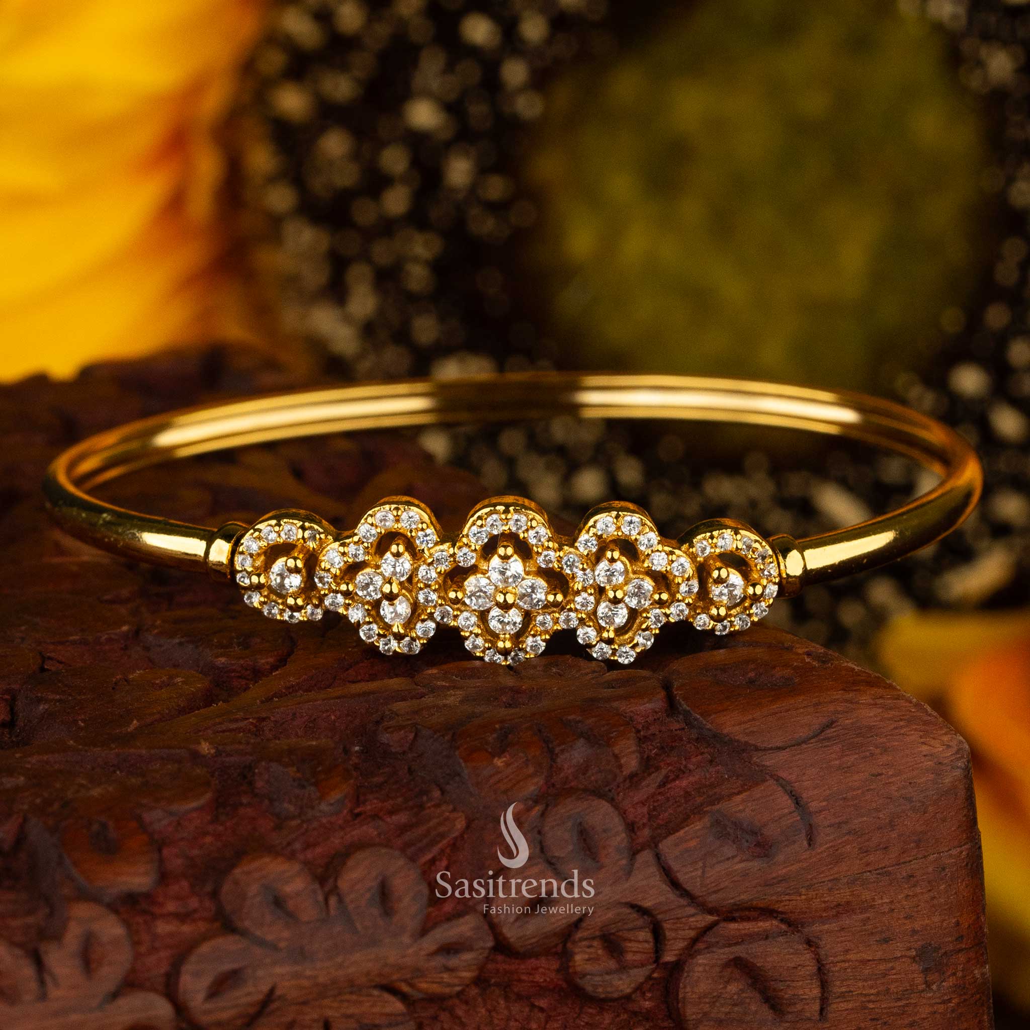 white-color stone micro gold-plated kada bracelet with American Diamonds - Sasitrends