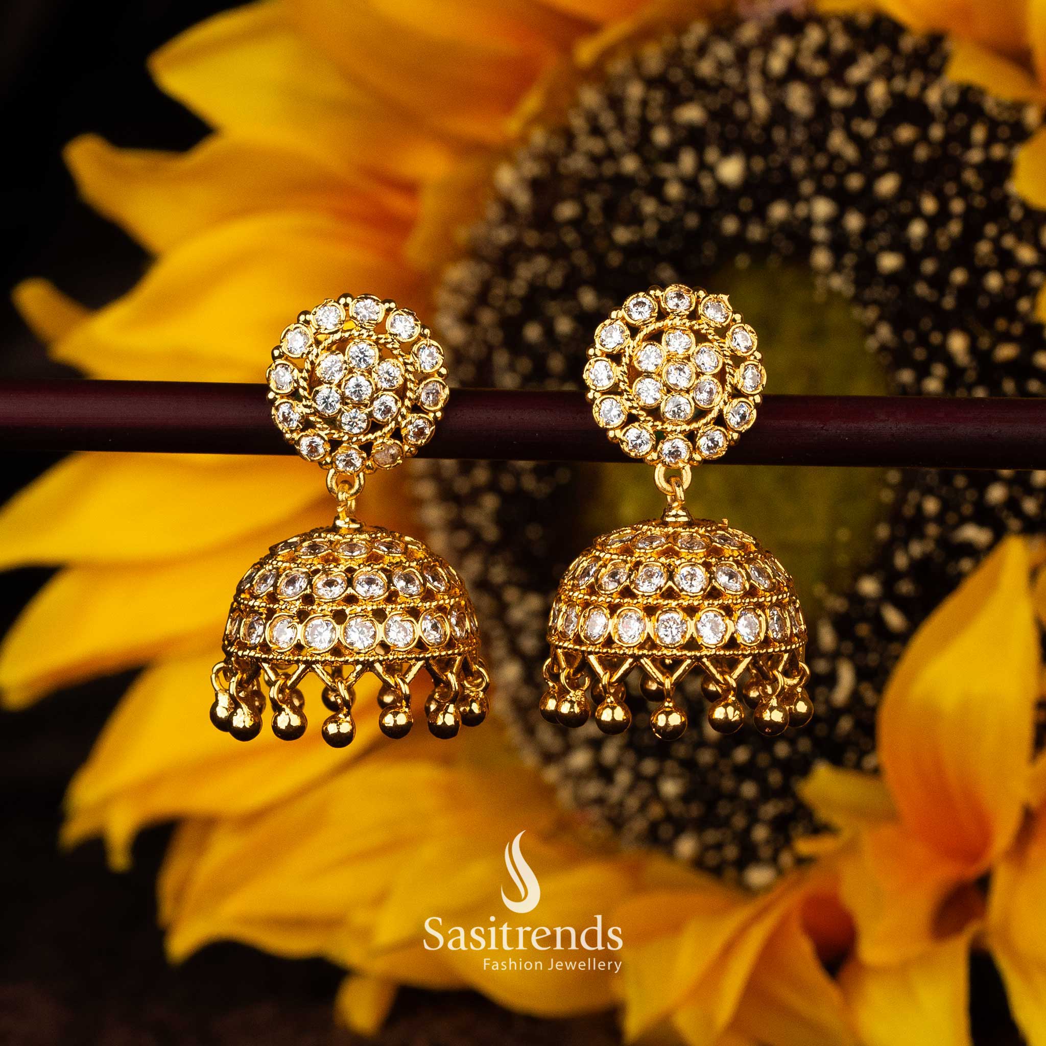 Full white one gram AD stone jhumka earrings with gold balls - Sasitrends