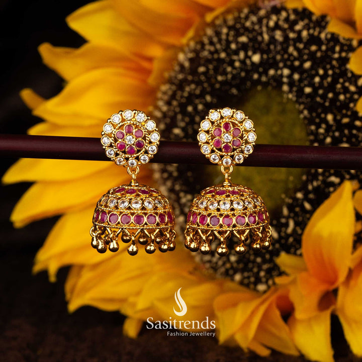 White and ruby one gram AD stone jhumka earrings with gold balls - Sasitrends