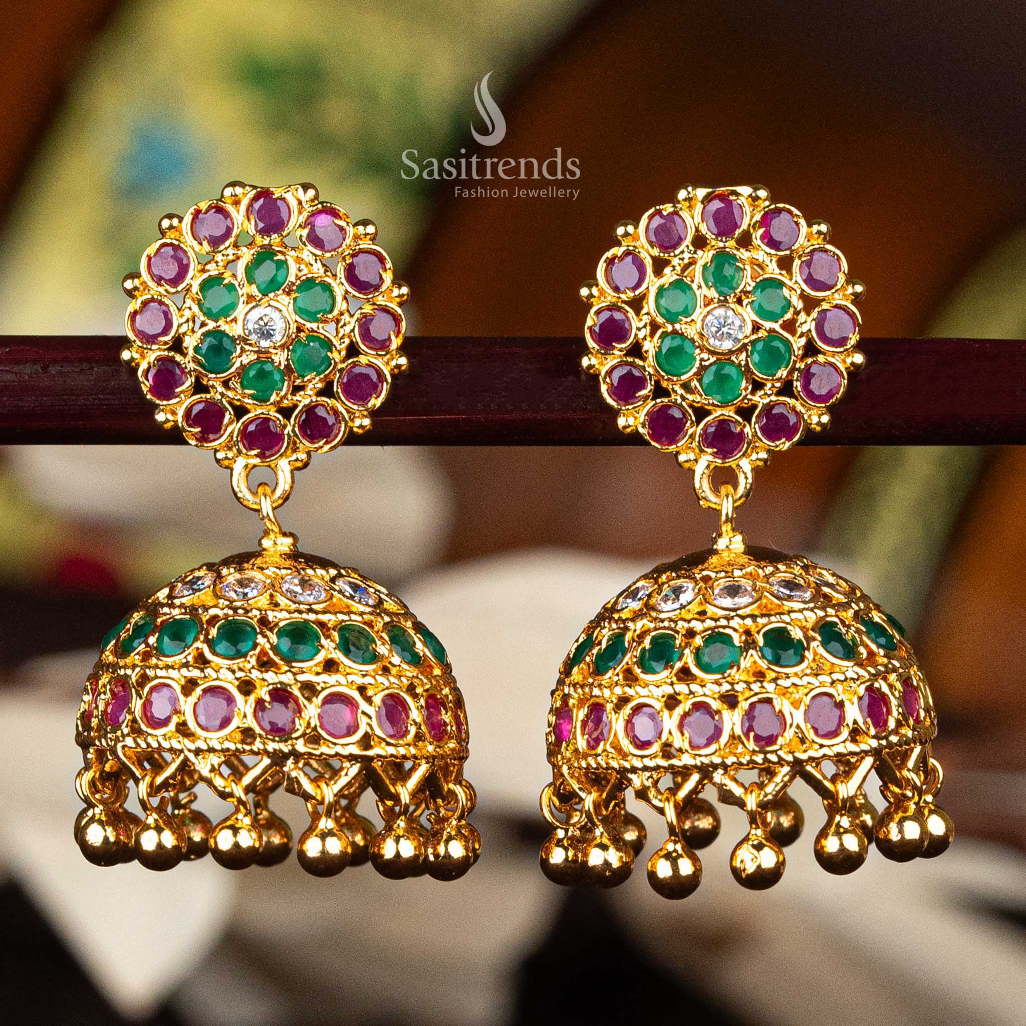 Multi-color one gram AD stone jhumka earrings with gold balls - Sasitrends





