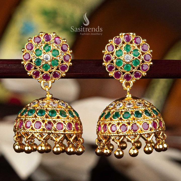 Guaranteed One Gram Micro Gold Plated AD Stone Impon Jhumka Earrings with Golden Balls - Sasitrends