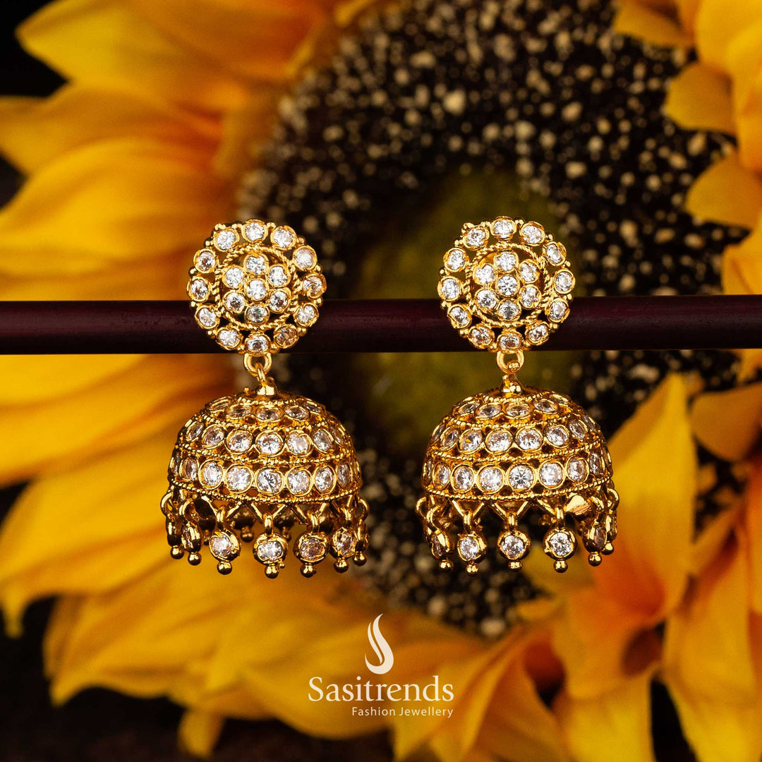 Traditional full white impon jhumka earrings with AD stone hangings - Sasitrends