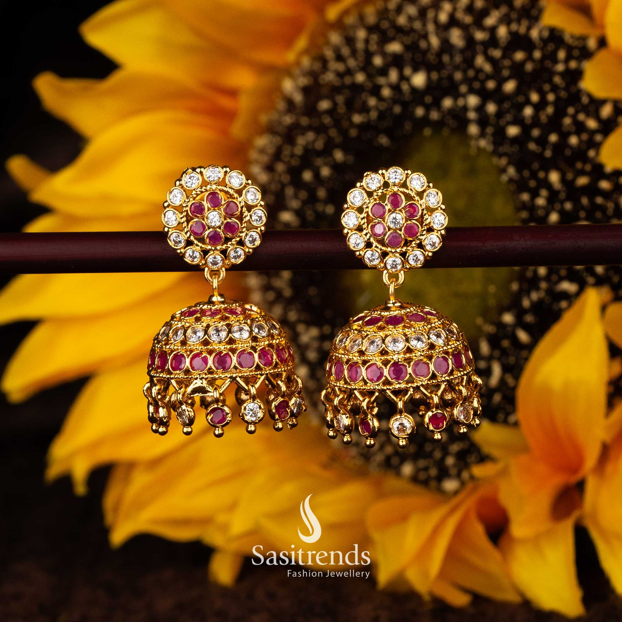 Traditional white-ruby impon jhumka earrings with AD stone hangings - Sasitrends