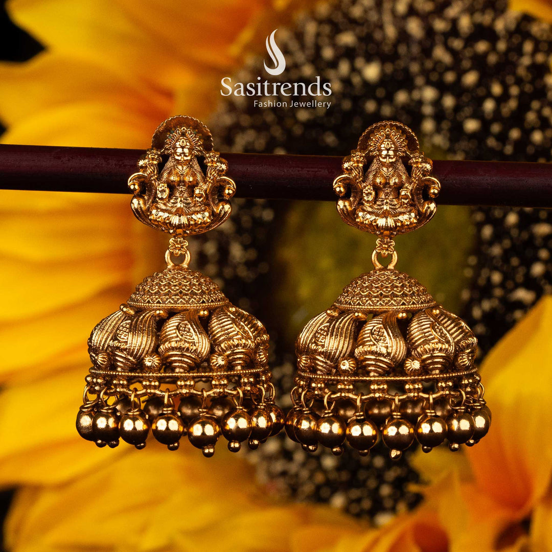 Lakshmi temple jhumka earrings with ornate beaded dome - Sasitrends