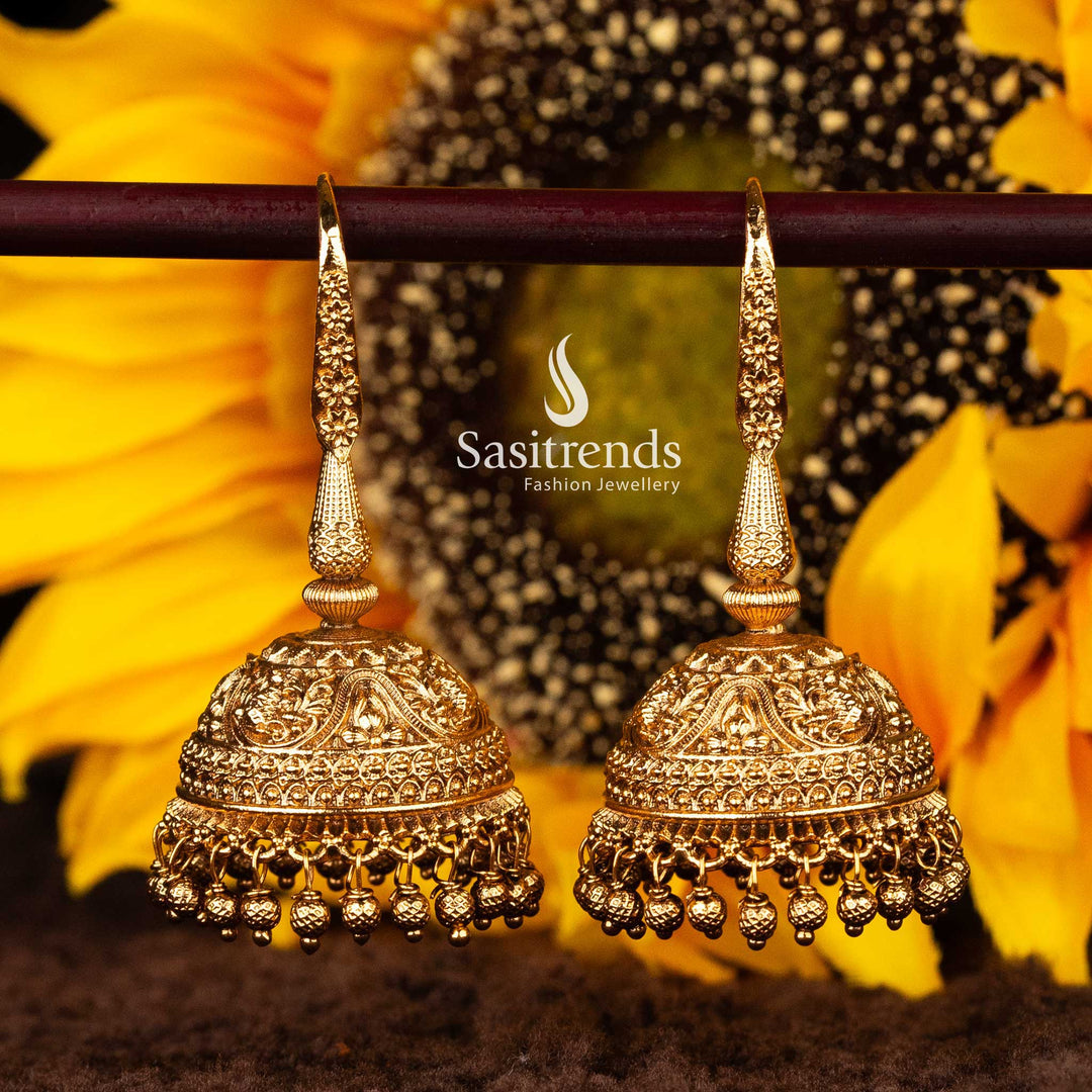 Traditional gold-plated temple jhumka earrings with fish hook - Sasitrends