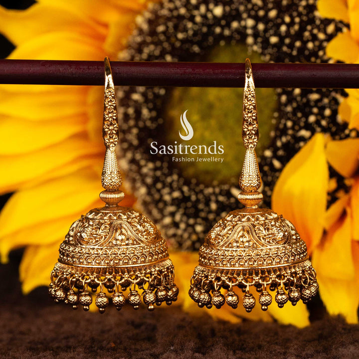 Traditional gold-plated temple jhumka earrings with fish hook - Sasitrends