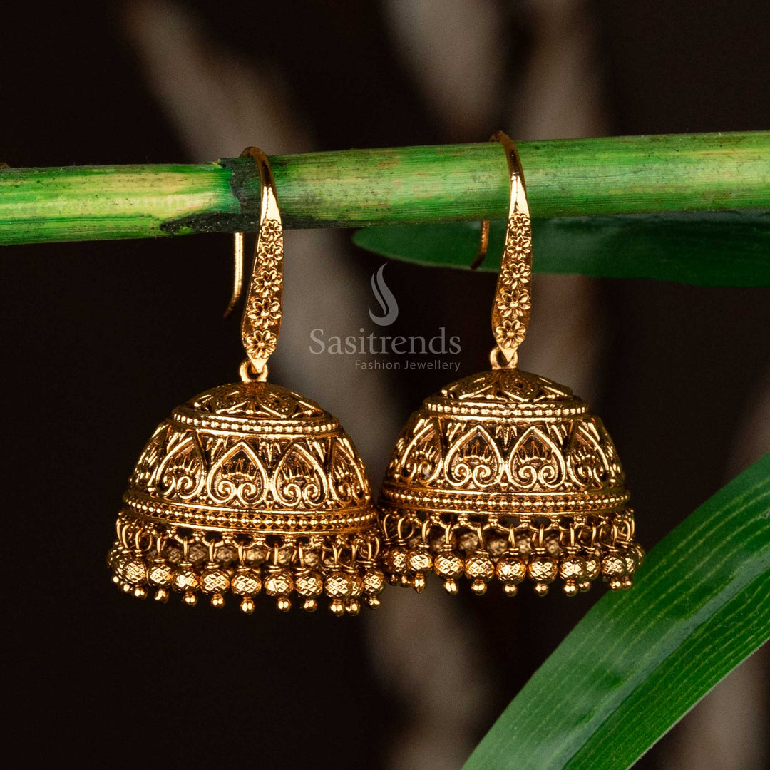 Bridal temple earrings with intricate motifs and hanging golden beads - Sasitrends