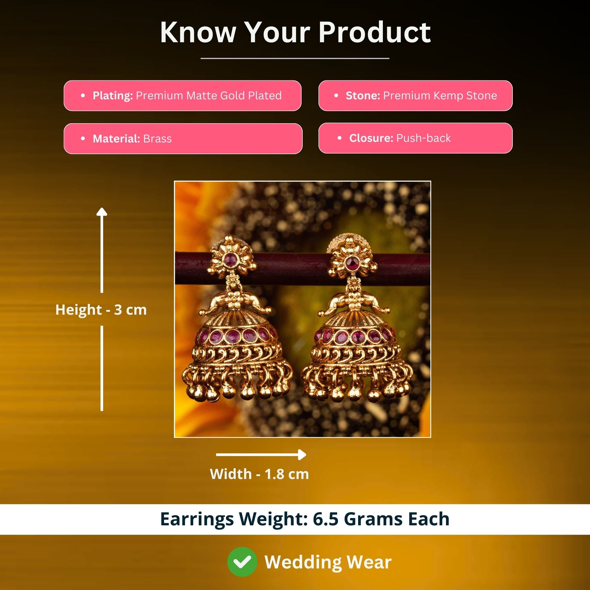 Matte Gold Plated Earrings Measurement Image - Sasitrends





