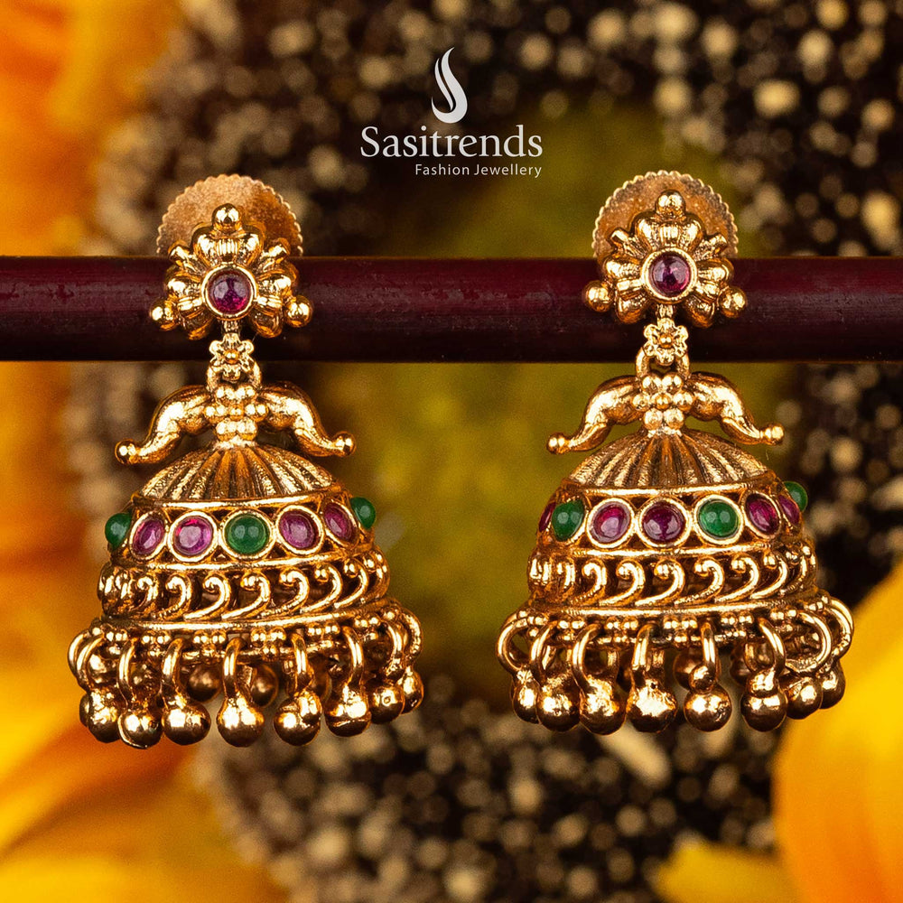 Wedding jhumka earrings with ruby-green stones by Sasitrends