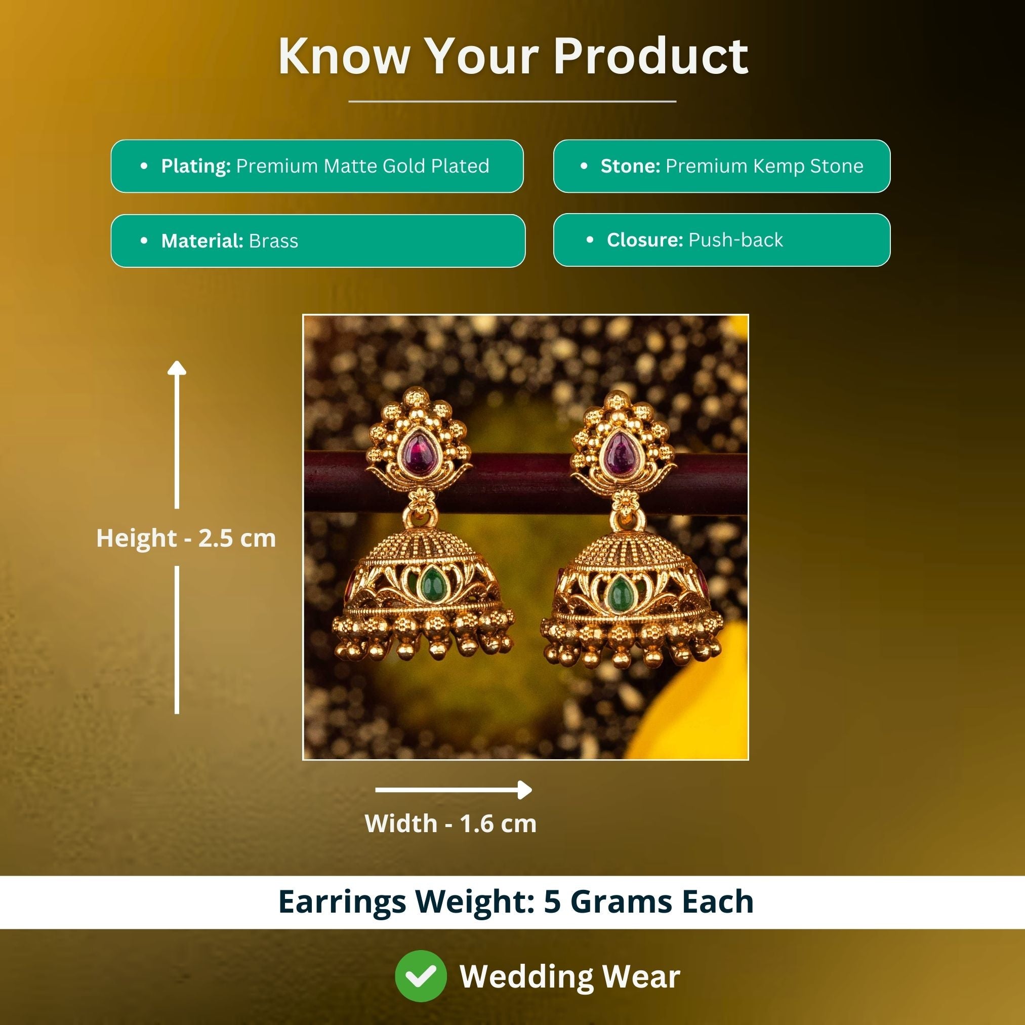 Matte Gold Plated Earrings Measurement Image - Sasitrends





