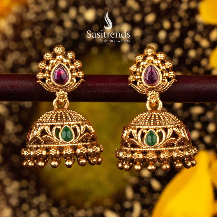 Elegant Temple Matte Gold Jhumka Earrings with Ruby and Green Teardrop Stones for Special Occasions - Sasitrends