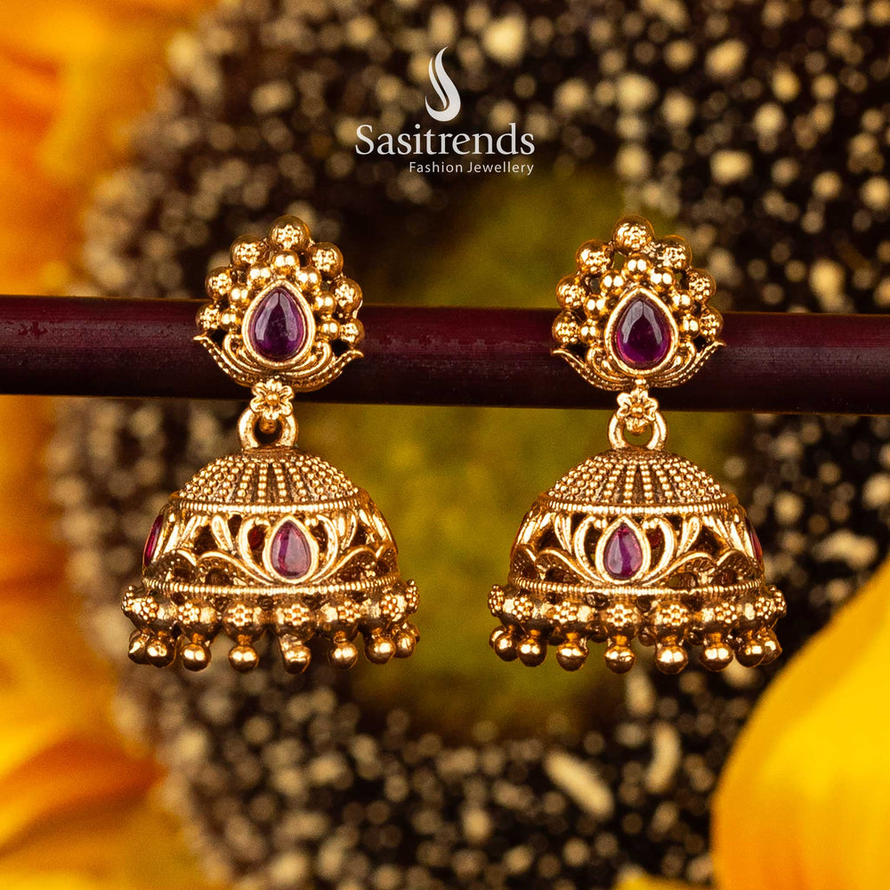 Temple jhumka earrings with ruby teardrop stone and lattice design - Sasitrends