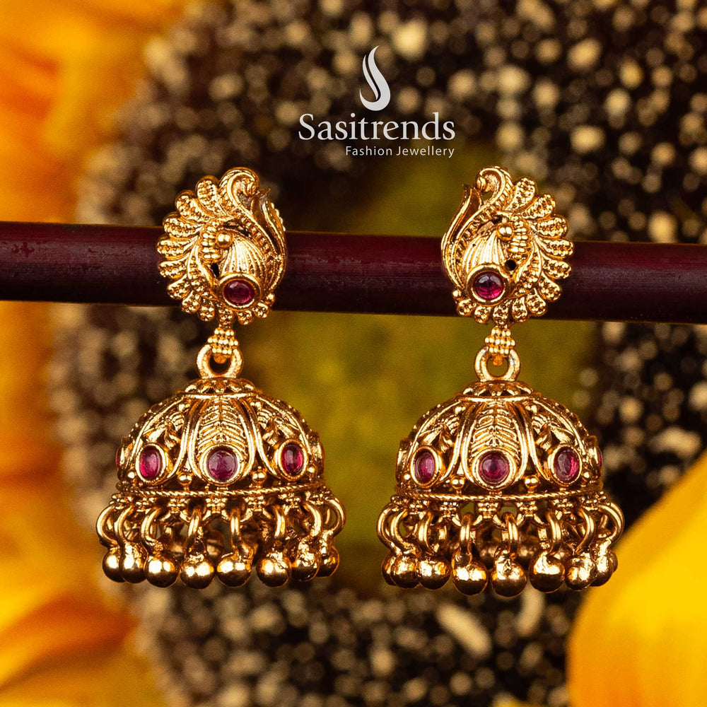 South Indian Ruby Jhumkas with golden ball details - Sasitrends