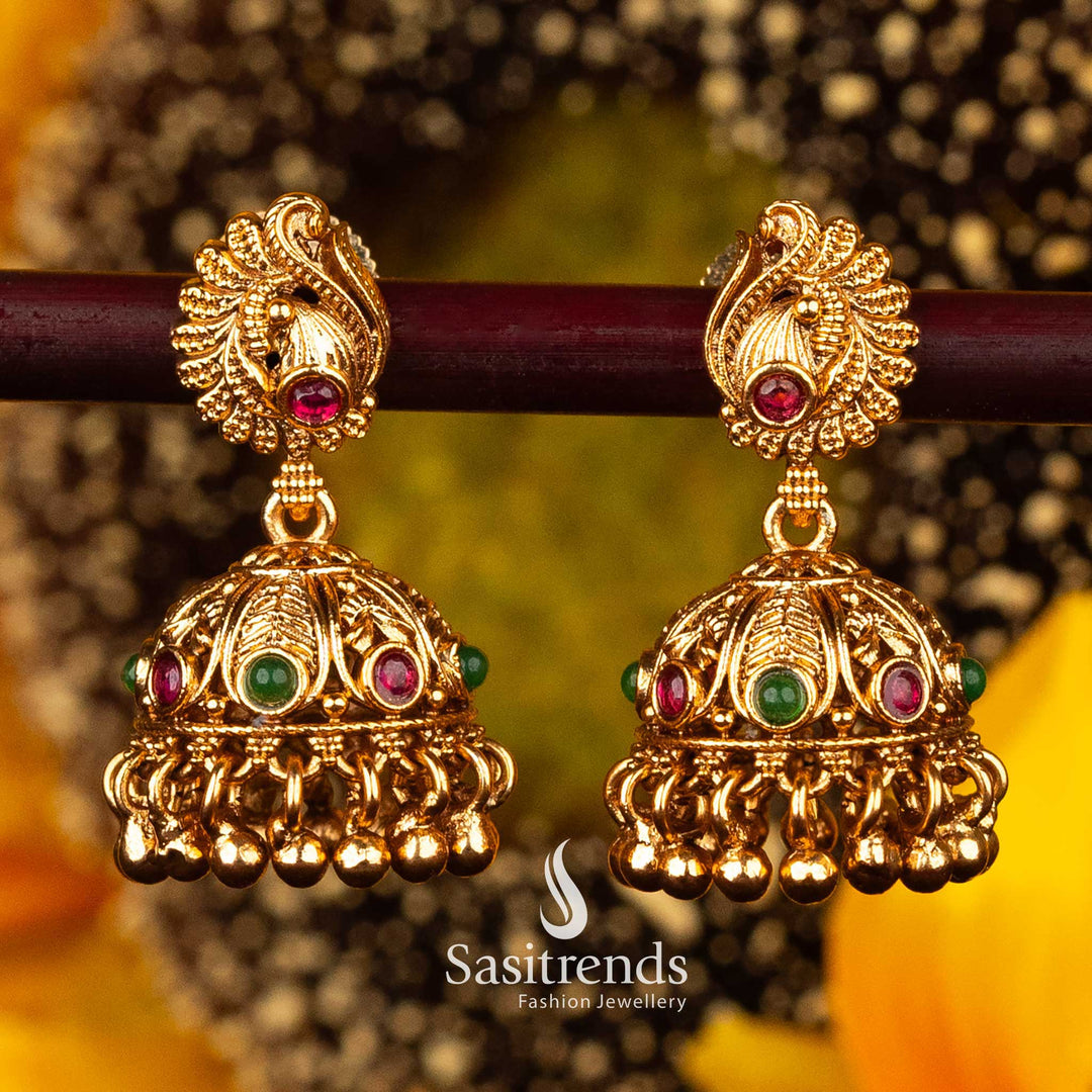 Ruby and Green Jhumka Earrings with paisley motif for special occasions - Sasitrends