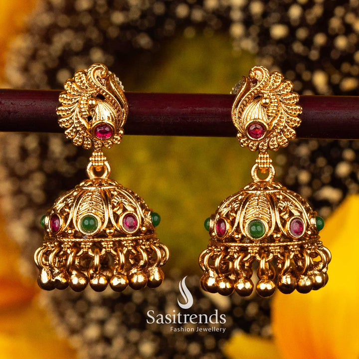 Elegant Ruby & Green Temple Matte Gold Jhumka Earrings with Paisley Motif - Sasitrends