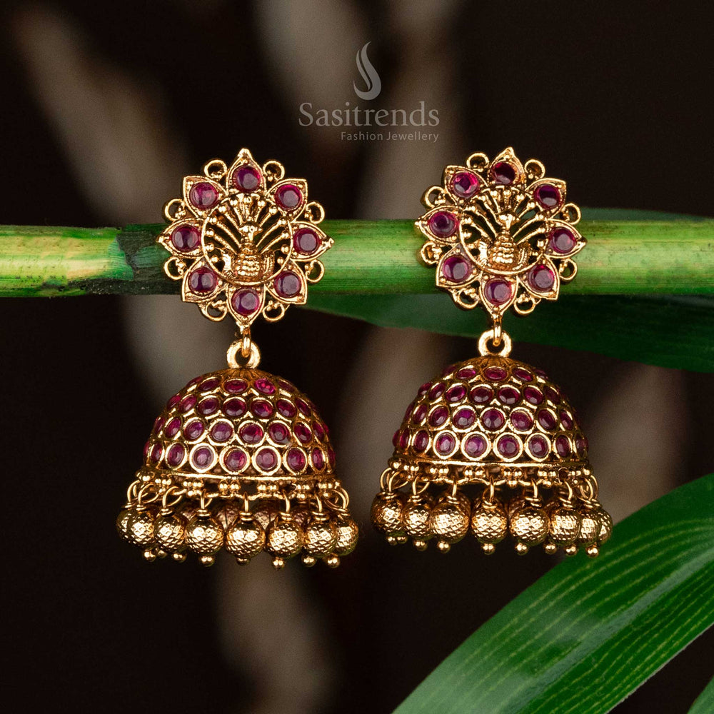 Floral hanging beads temple jhumkas with matte gold finish - Sasitrends