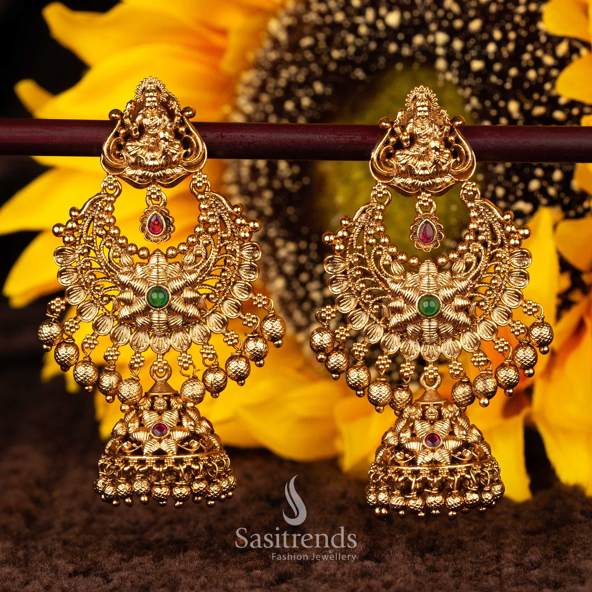 Temple chandbali jhumka earrings with intricate floral design - Sasitrends