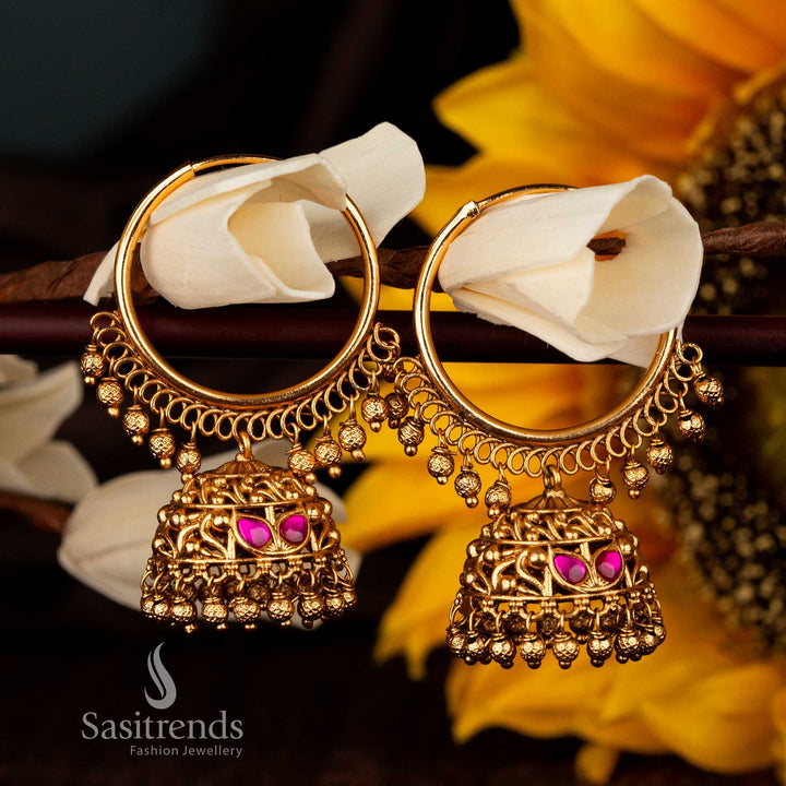 Ruby hoop jhumka earrings with golden balls for special occasions - Sasitrends